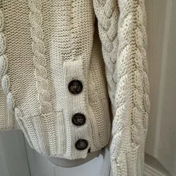 NWT Polo Ralph Lauren Cream 100% Cotton Cable Knit Leather Trim Button Sweater M - Picture 4 of 10